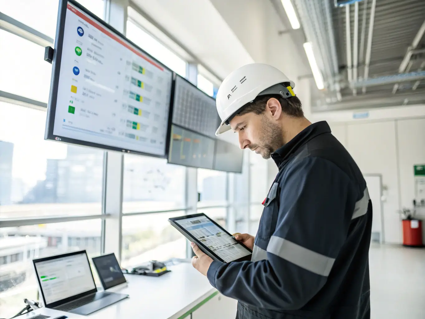 An aviation maintenance manager reviewing audit findings on a digital tablet in a modern office setting, with aircraft maintenance schedules displayed on a large screen in the background.