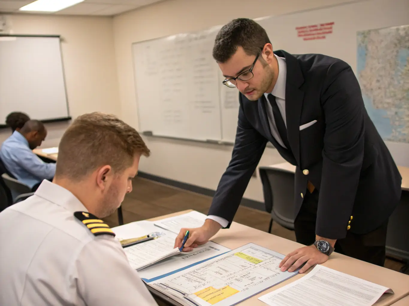 An instructor leading an aviation compliance training session, with participants actively engaged in learning about regulatory updates and best practices.