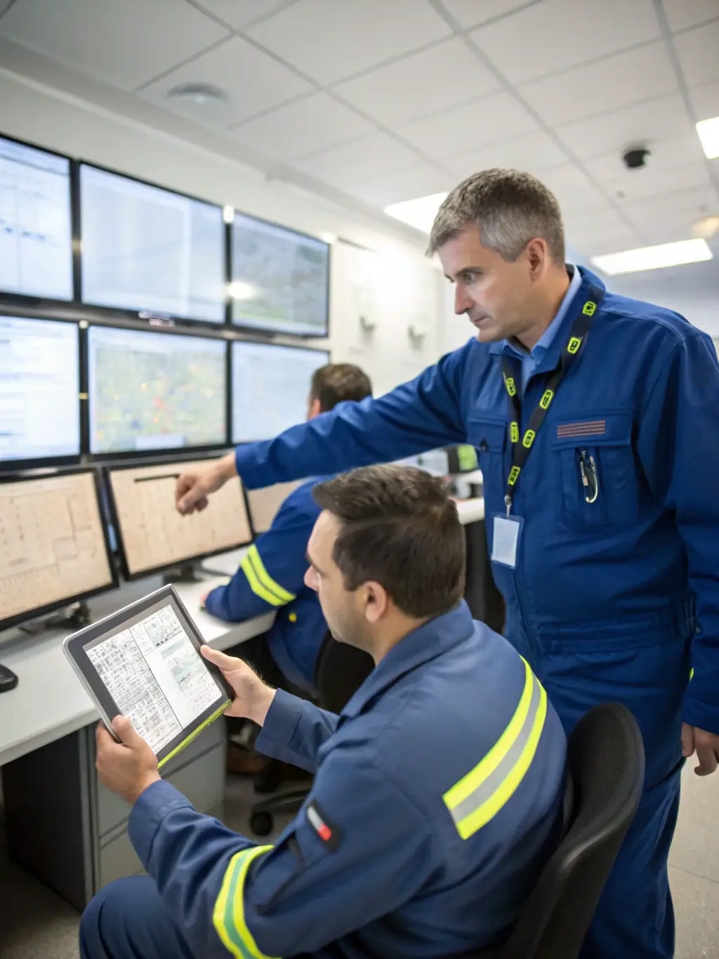A brightly lit, modern Maintenance Control Center (MCC) with engineers actively monitoring aircraft data on large screens. The scene should convey a sense of proactive oversight and technological sophistication.