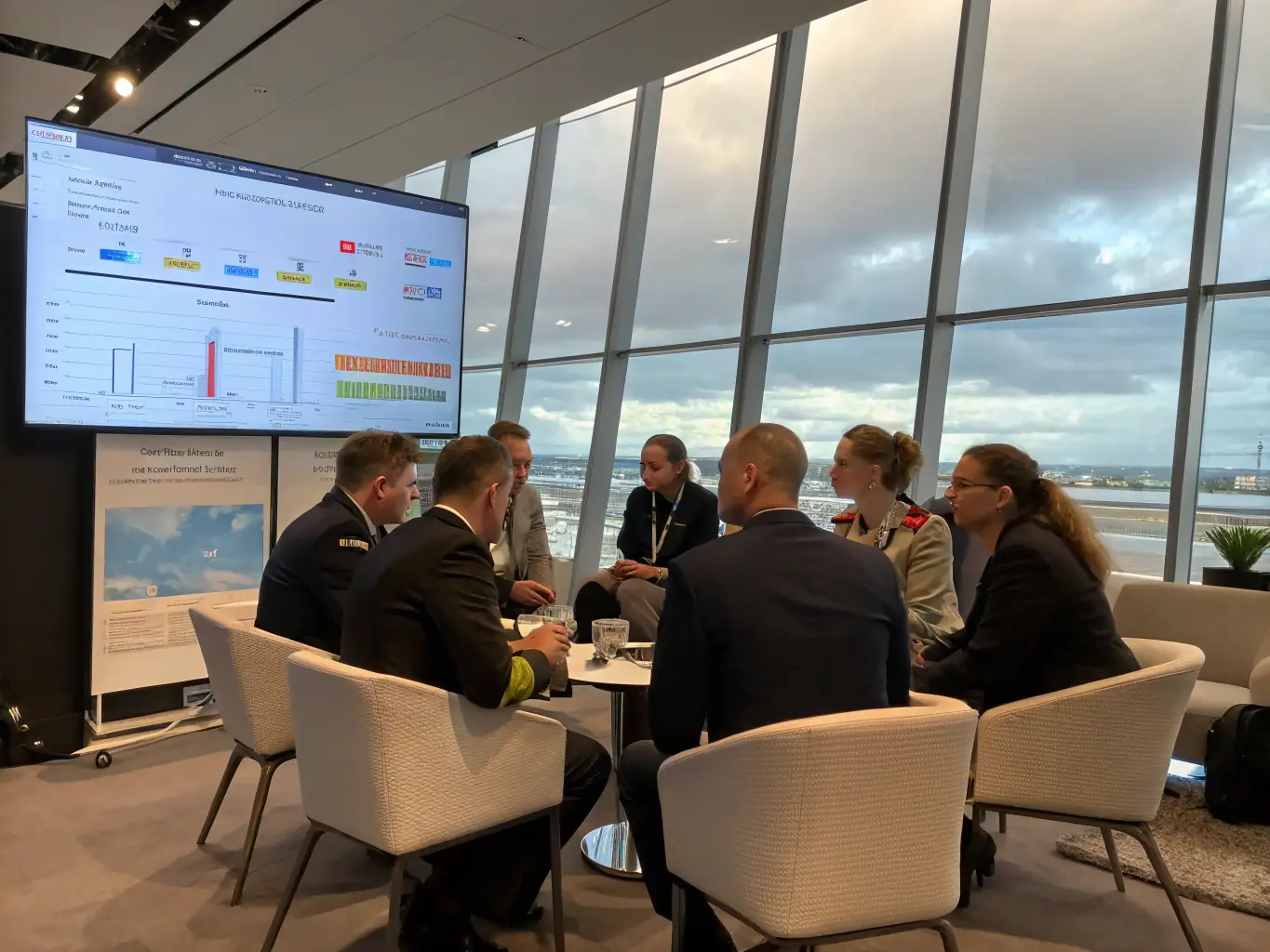 A team of aviation consultants analyzing maintenance data and workflow charts in a well-lit conference room, with aircraft models and technical drawings visible in the background.