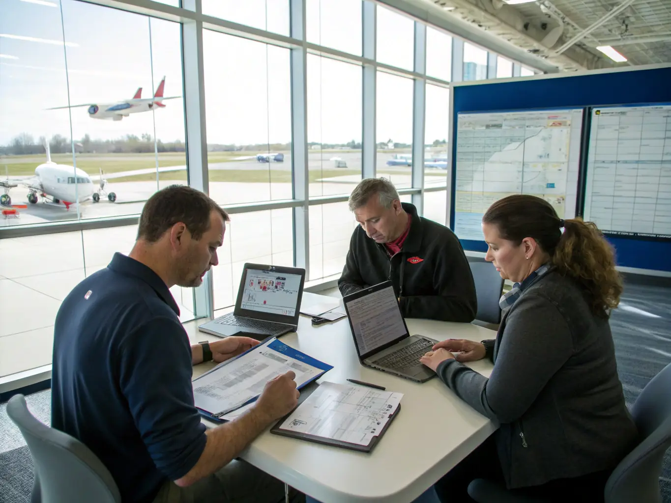 A photo depicting a team of AviComply consultants working collaboratively in an office setting, reviewing aviation regulations and discussing strategies for compliance. The image should convey professionalism, expertise, and teamwork.